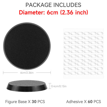 Titawu 30Pcs Miniature Bases+60Pcs Adhesive, 60Mm/2.36Inch Textured Plastic Black Round Model Base For Gaming Miniatures Or Warg