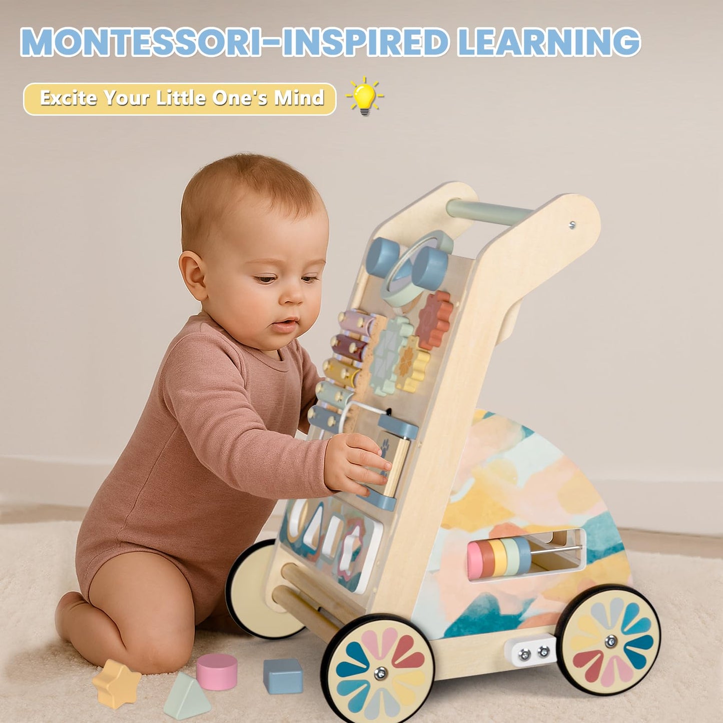 BAUTIA Wooden Baby Walker, Detachable Activity Busy Board, Baby Walking Toys Push Walkers for Babies 6-12 Months