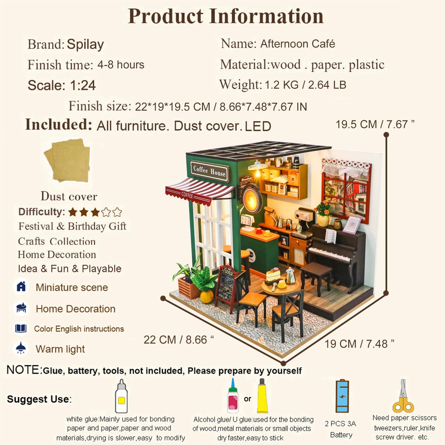 Spilay Dollhouse Miniature with Furniture DIY Wooden Crafts Doll House Mini Handmade Kit with Dust Cover and Music 1:24 Scale Creative Room Idea Gift for mature-themed (Afternoon Cafe with Dust Cover)