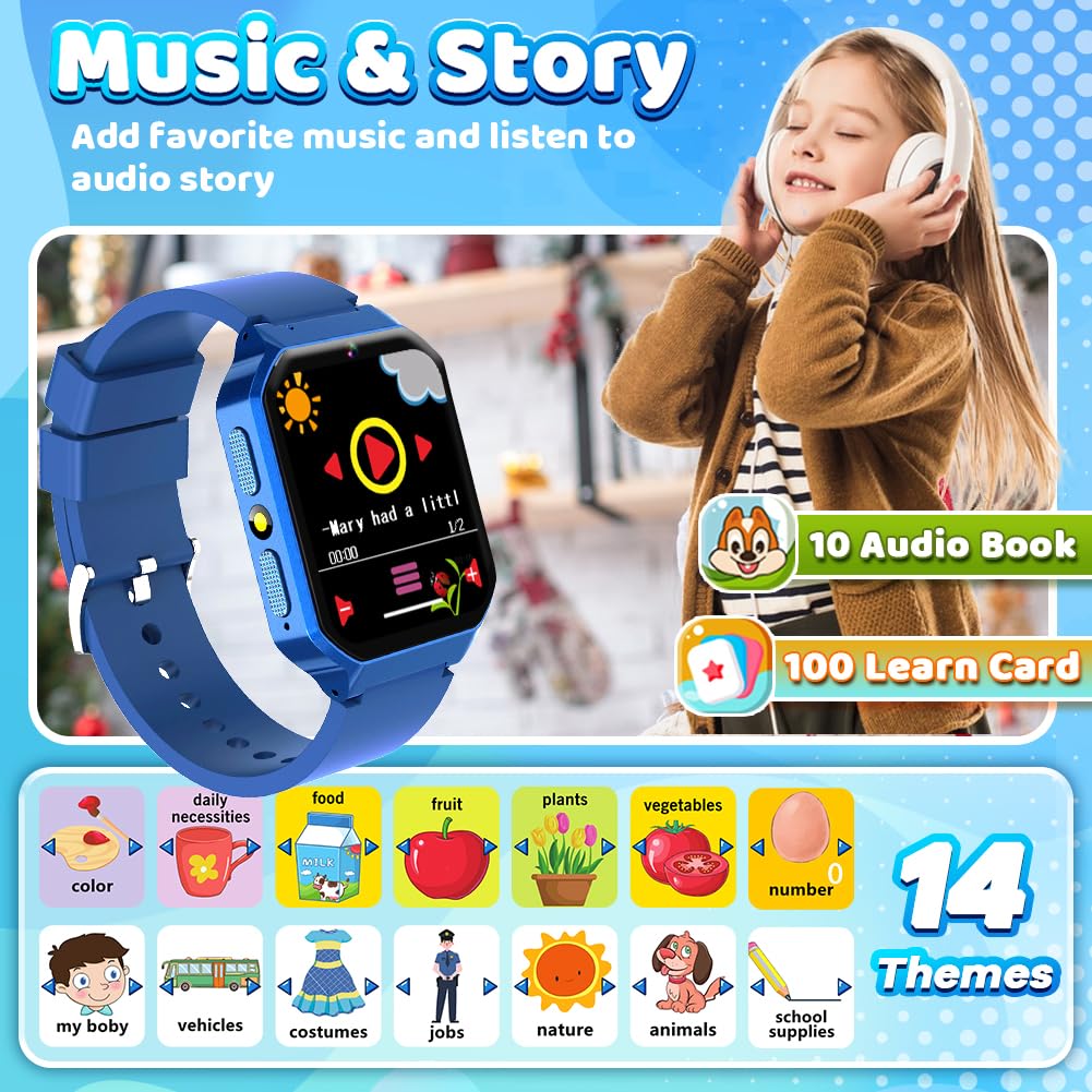 Smart Watch For Kid Age 4 5 6 7 8 9 10 Boys Girls Learning Toy With 26 Puzzle Game 1.69' Touch Screen Hd Camera Video Music Player Alarm Clock Storybook Pedometer Christmas Birthday Gift Idea (Blue)