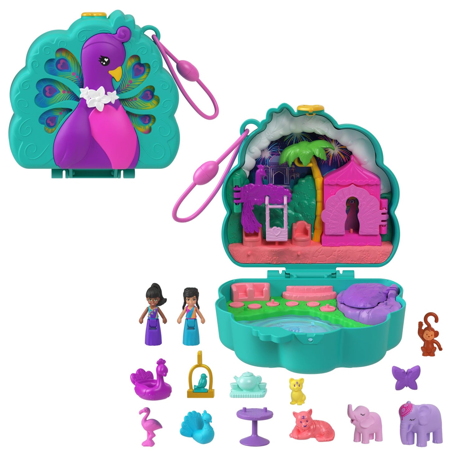 Polly Pocket Peacock Garden Compact Playset with 2 Micro Dolls & Pets, Multicolor, One Size, Model HWN97
