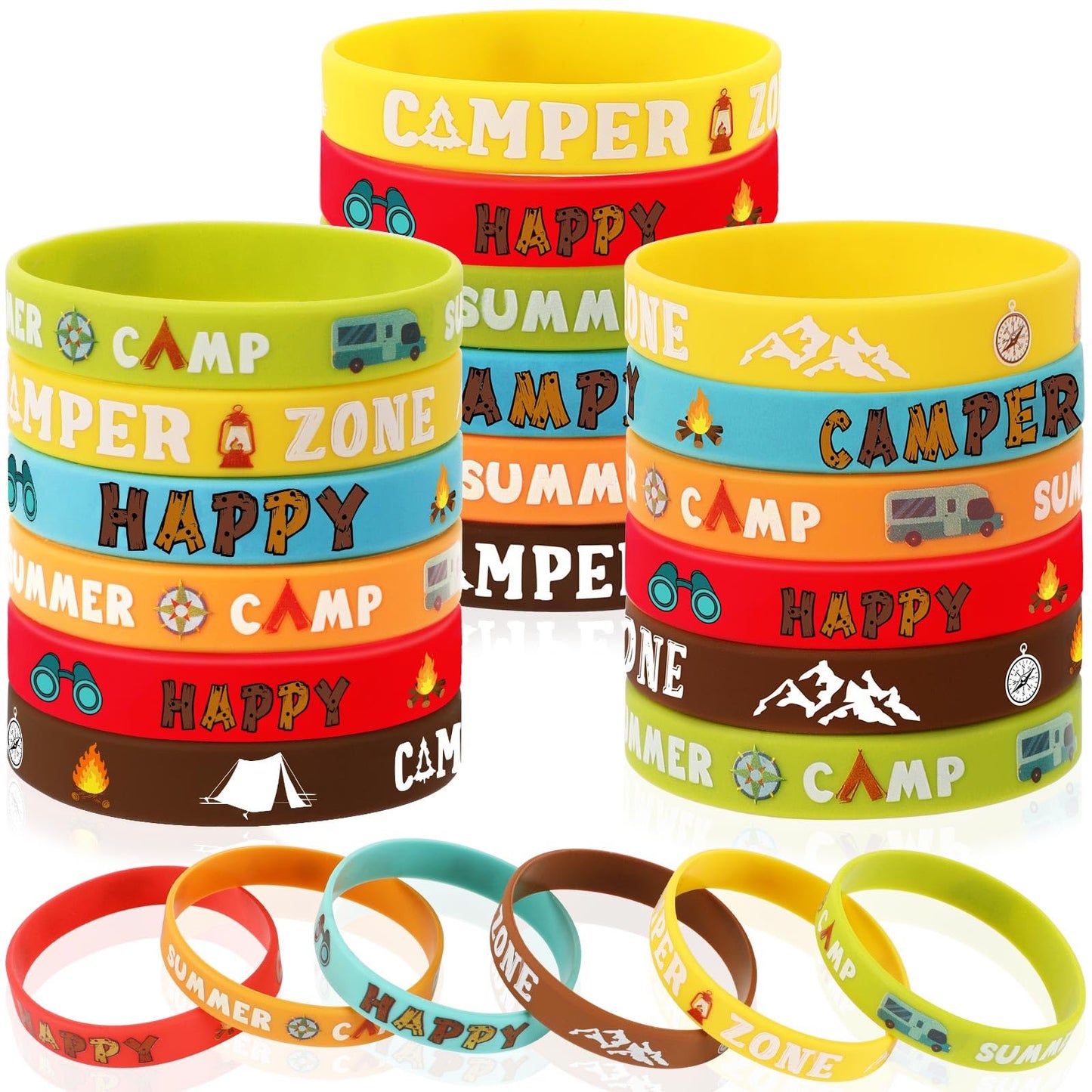 Junebrushs 42Pcs Camping Party Favors Silicone Bracelets Summer Camping Theme Rubber Wristbands Accessories For Adults Camping Adventure Birthday Party Decorations Gift Supplies