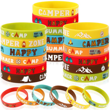 Junebrushs 42Pcs Camping Party Favors Silicone Bracelets Summer Camping Theme Rubber Wristbands Accessories For Adults Camping Adventure Birthday Party Decorations Gift Supplies