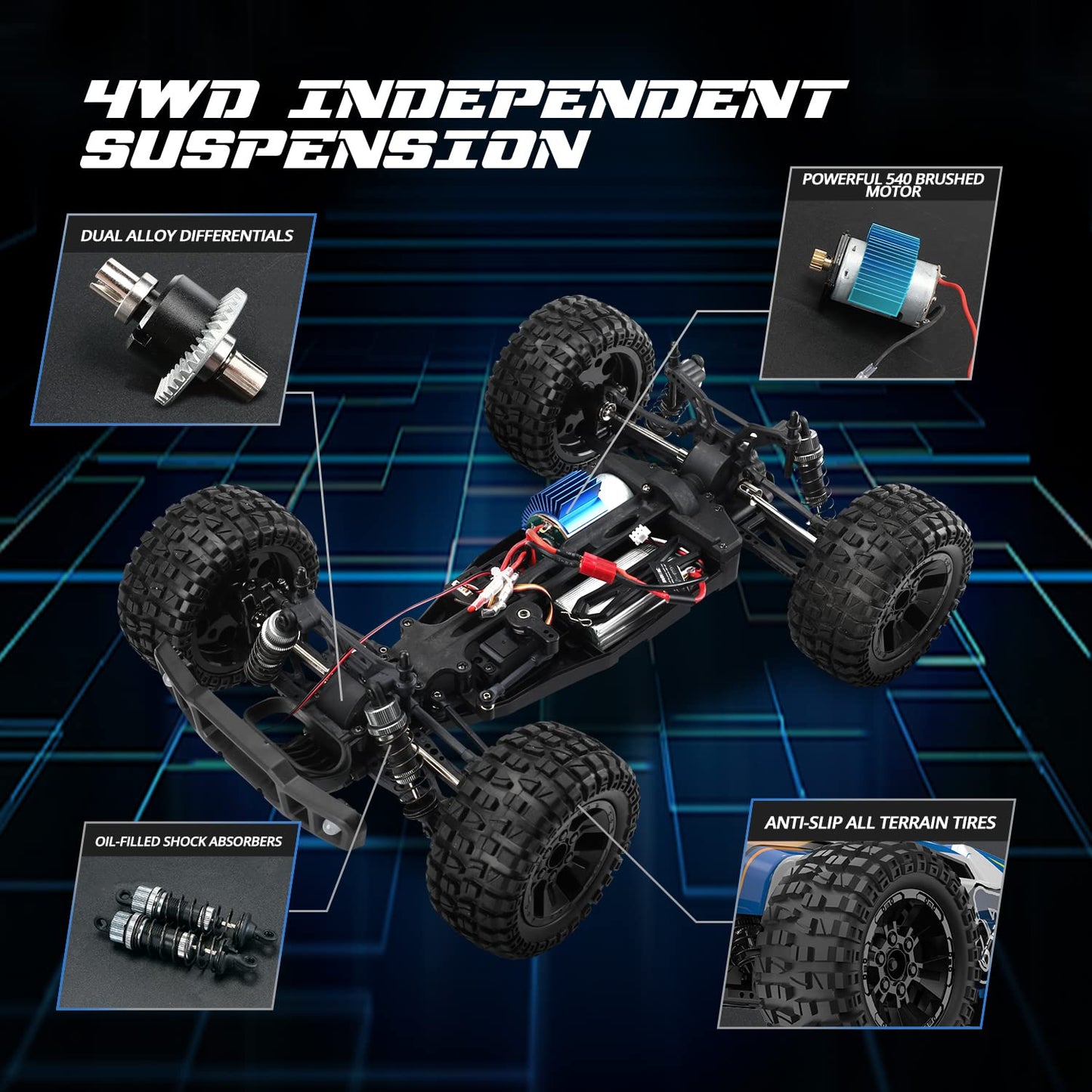 Holyton 1:10 Large High Speed Remote Control Car with LED Shell Lights, 48+ KM/H, 4WD Offroad Monster Truck for Adults & Kids, H