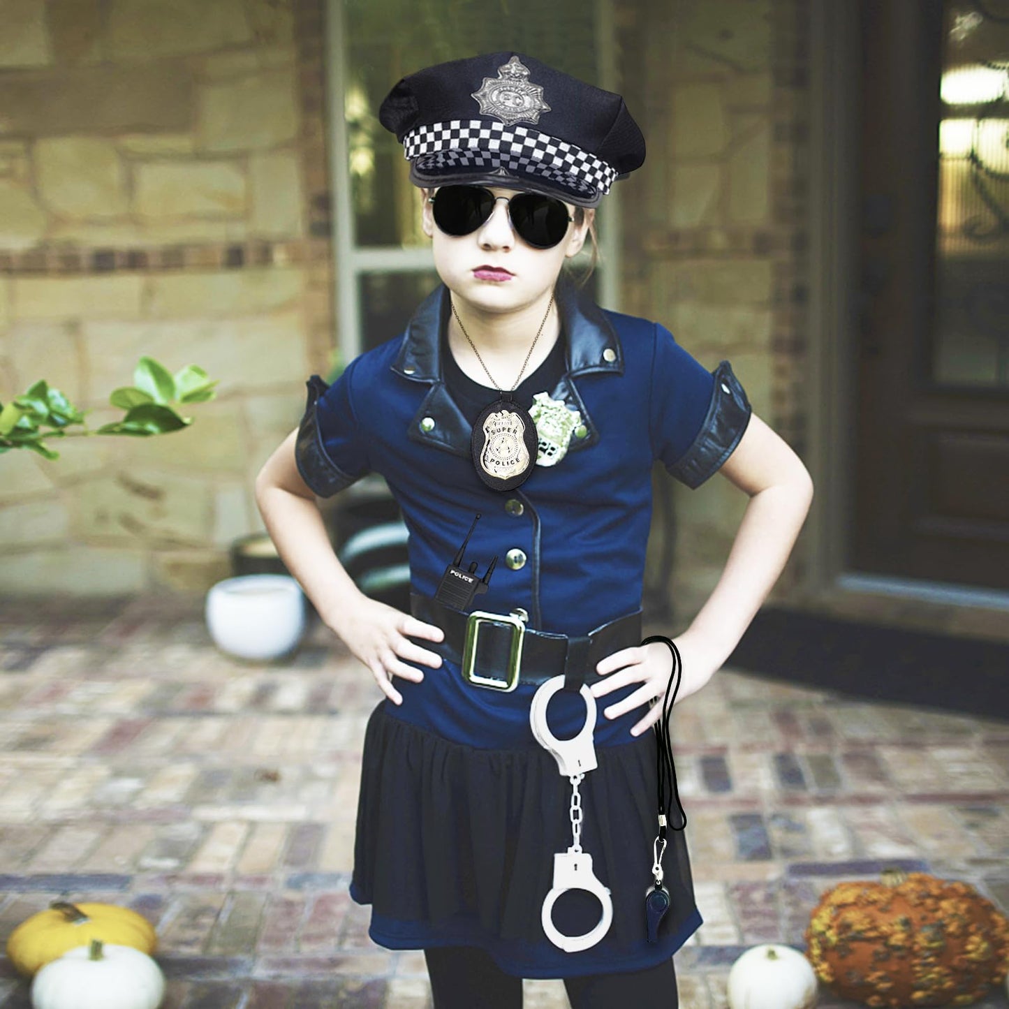 Timisea Police Accessories Kit - 6 Pcs Pretend Play Costume with Hat, Handcuffs, Sunglasses, Walkie Talkie, Badge, Whistle - Medium Size
