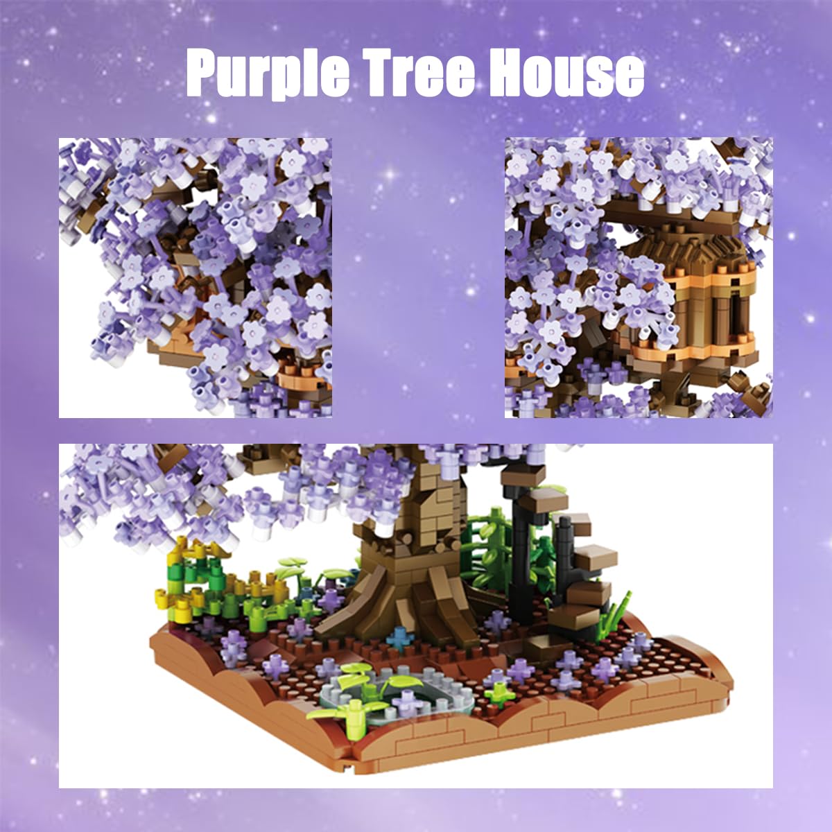 Bdydt Purple Cherry Blossom Bonsai Tree Building Blocks Set,(1443 Pieces) Flower Treehouse Model Mini Building Block Toys,Tree H