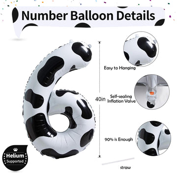 Giant Number Balloons 6, Cow Print Number 6 Balloons For Boys, 40 Inch Foil Helium Number Balloon For Girls 6Th Birtyday Party D