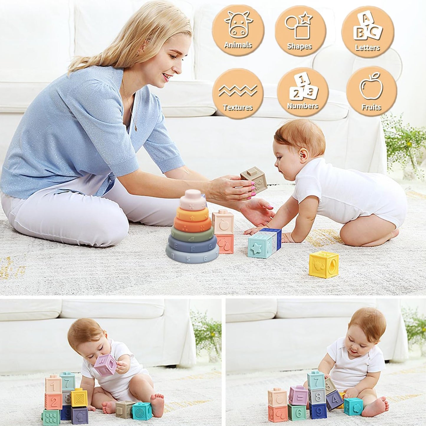 Montessori Toys Soft Stacking Building Blocks Rings Balls Sets 3 In 1 Baby Toys Bundle For Babies 6-12 Months Sensory Toys For Toddlers 1-3 Teething Bath Toys For Infants Learning Toy