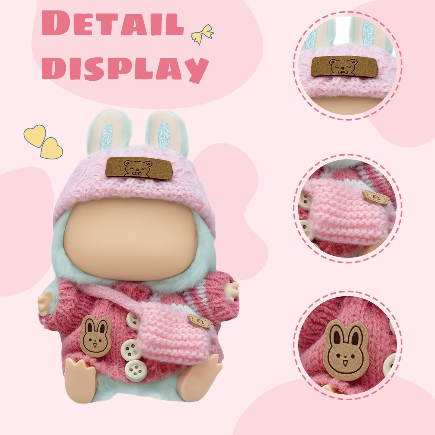 17cm Pink Doll Clothes for Labubu (NO Doll) - Kawaii Chic Style Set for 17cm Dolls  Handcrafted Crochet Dolls Outfit with Accessories  Boy and Girl 3-Piece Clothes Set - Pink Wool Hat  Romper  Bag