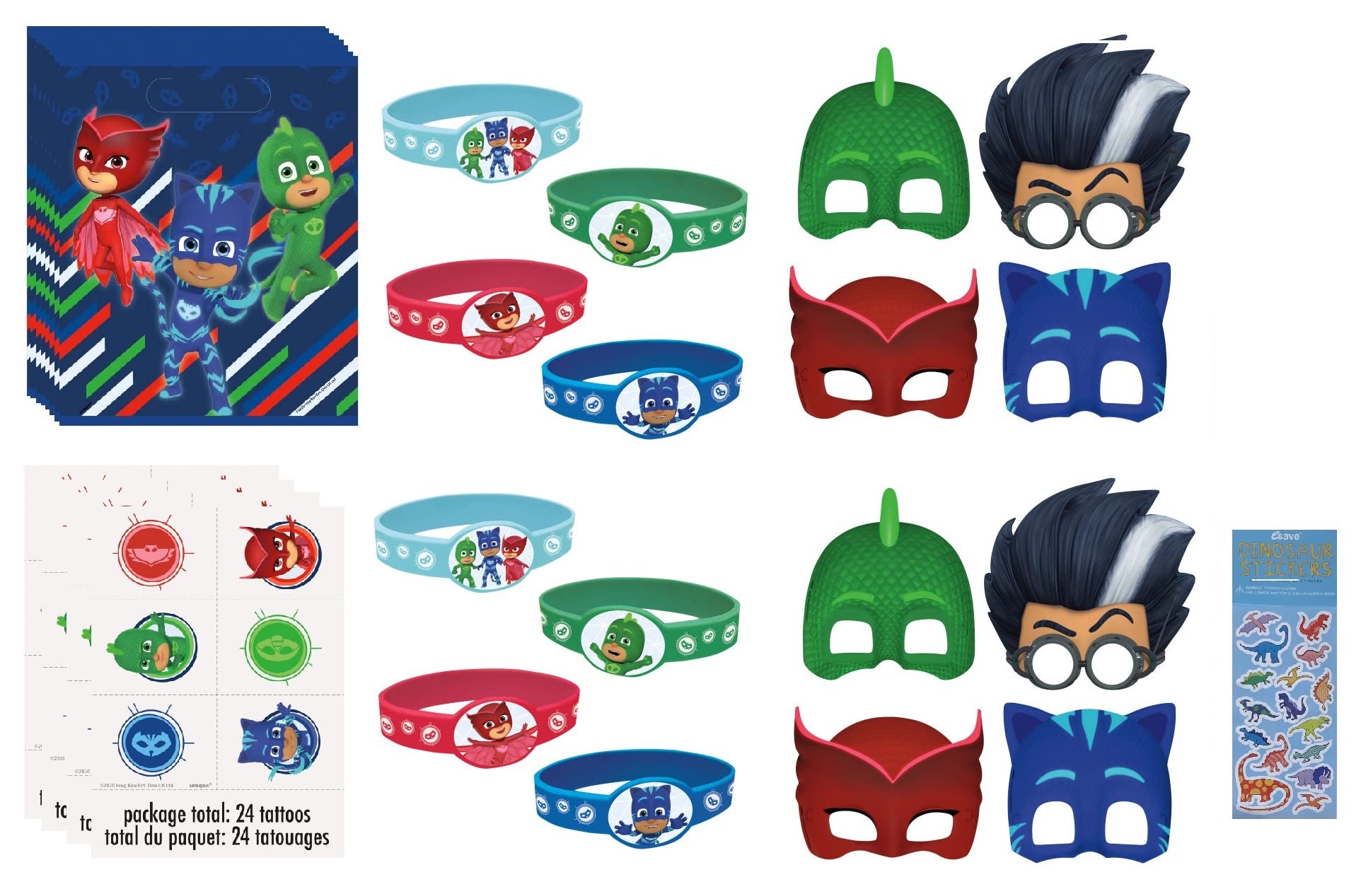 PJ Masks Birthday Party Supplies Favor Bundle Pack includes 8 Loot Bags, 8 RubberBracelets, 24 Tattoos, 8 Party PaperMasks, 1 Di