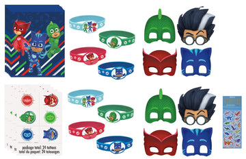 PJ Masks Birthday Party Supplies Favor Bundle Pack includes 8 Loot Bags, 8 RubberBracelets, 24 Tattoos, 8 Party PaperMasks, 1 Di