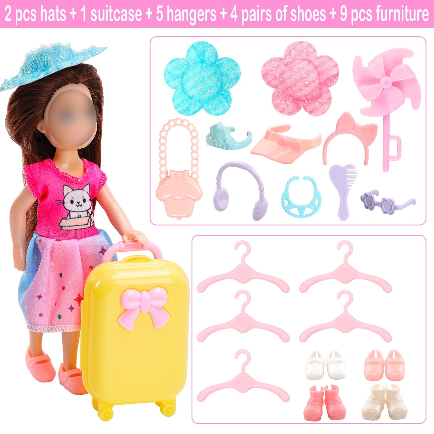 Miunana 5.3 Inch Girl Doll Dress 36 Pcs Clothes And Suitcase And Hats For 4-6 Inch Girl Doll Top And Pants Fashion Outfits Doll Shoes Dollhoues Furniture Kit