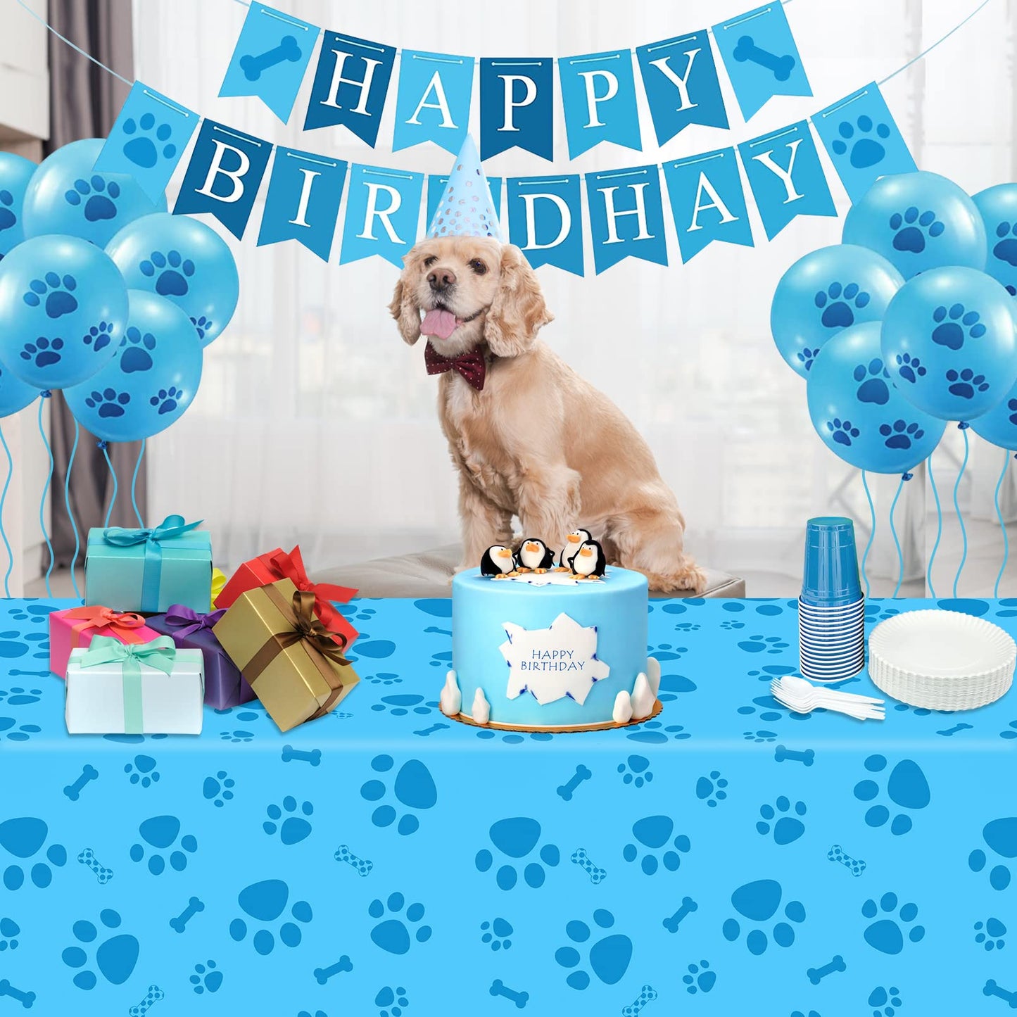 Paw Print Tablecloth, 1 Pack Large Size Plastic 54'X108' Dog Paw Print And Bone Sign Tablecloths, Cute Table Cover For Kids Boy Girl Puppy Dog Birthday Party Supplies- Blue