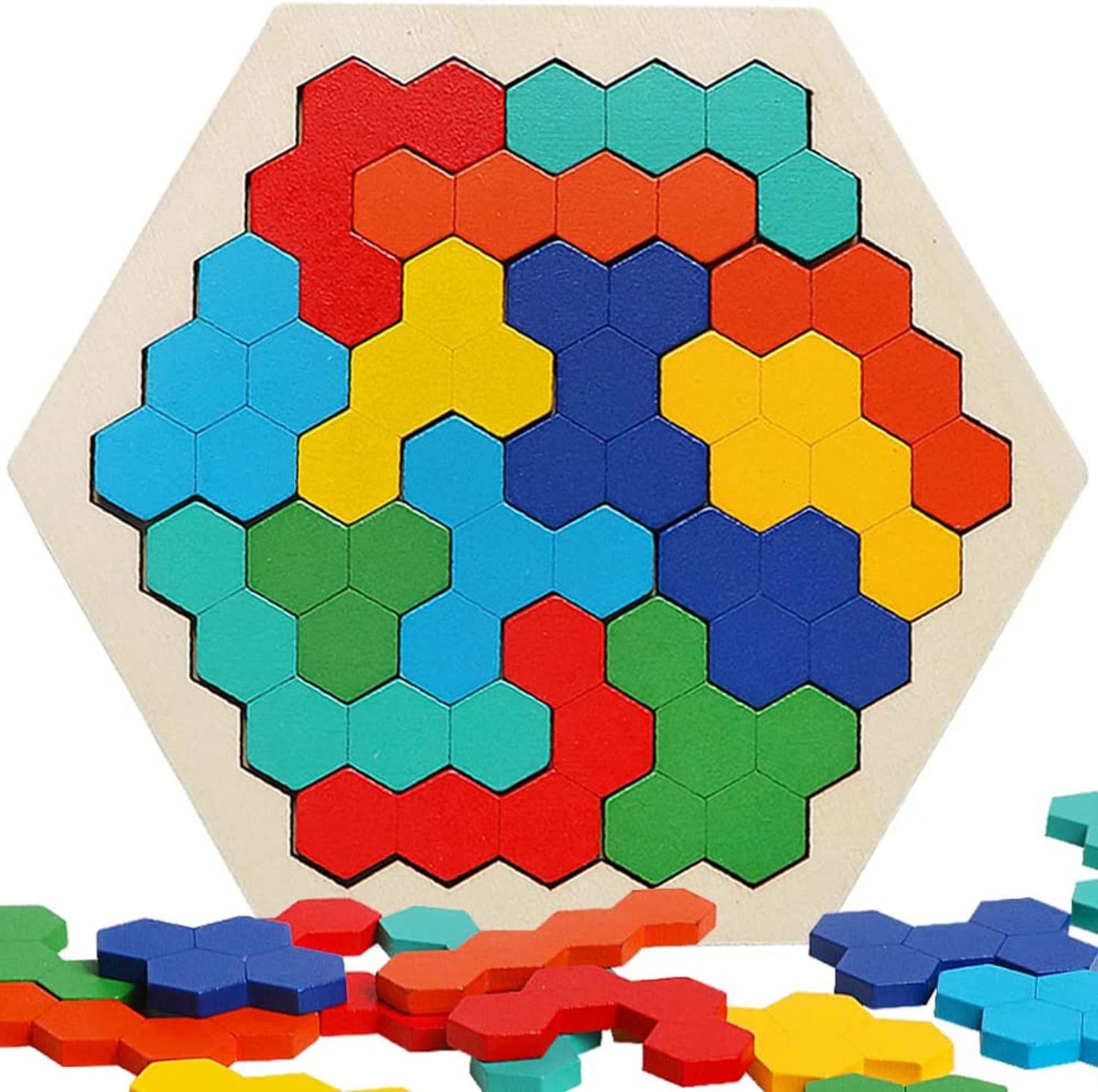 Kidology Wooden Hexagon Puzzle for Kid Adults | Shape Pattern Block Tangram Brain Teaser Puzzles Challenge Toy Geometry Logic IQ