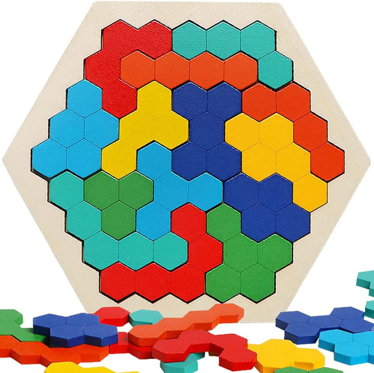 Kidology Wooden Hexagon Puzzle for Kid Adults | Shape Pattern Block Tangram Brain Teaser Puzzles Challenge Toy Geometry Logic IQ