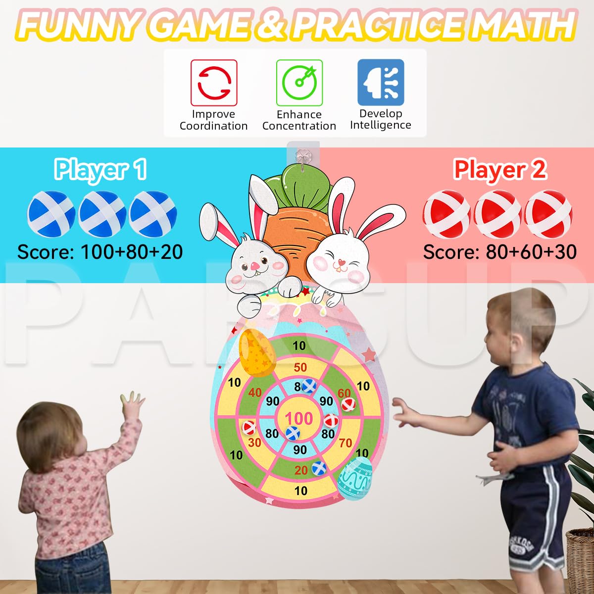Easter Dart Board Game Set, Cute Bunny Chick Carrot Party Board Games with 12 Stick Balls, Happy Easter Indoor Outdoor Games for