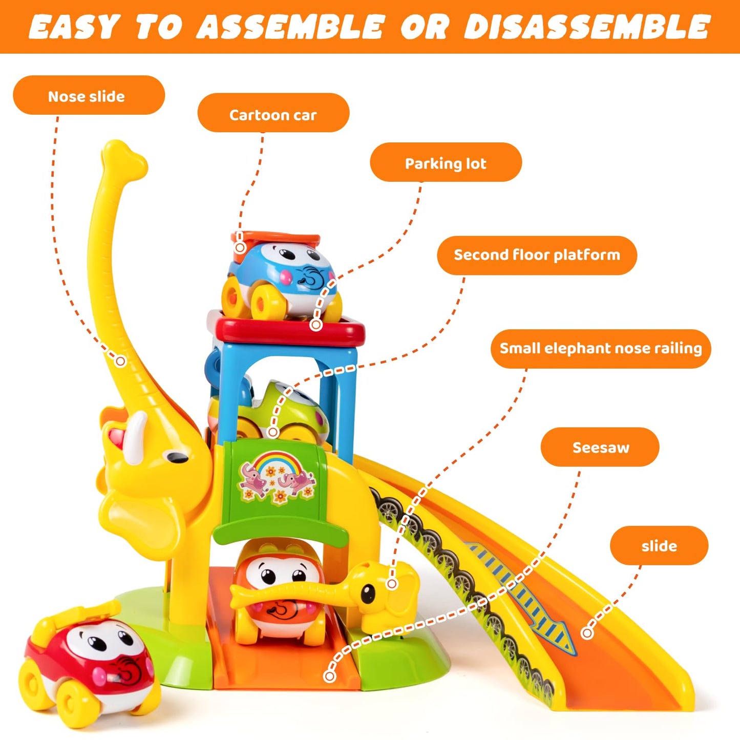 Toddler Toys For 1 2 3 Year Old Boys And Girls Birthday Gifts, Elephant Slide With 4 Animal Cars Learning Baby Toys 12-18 Months