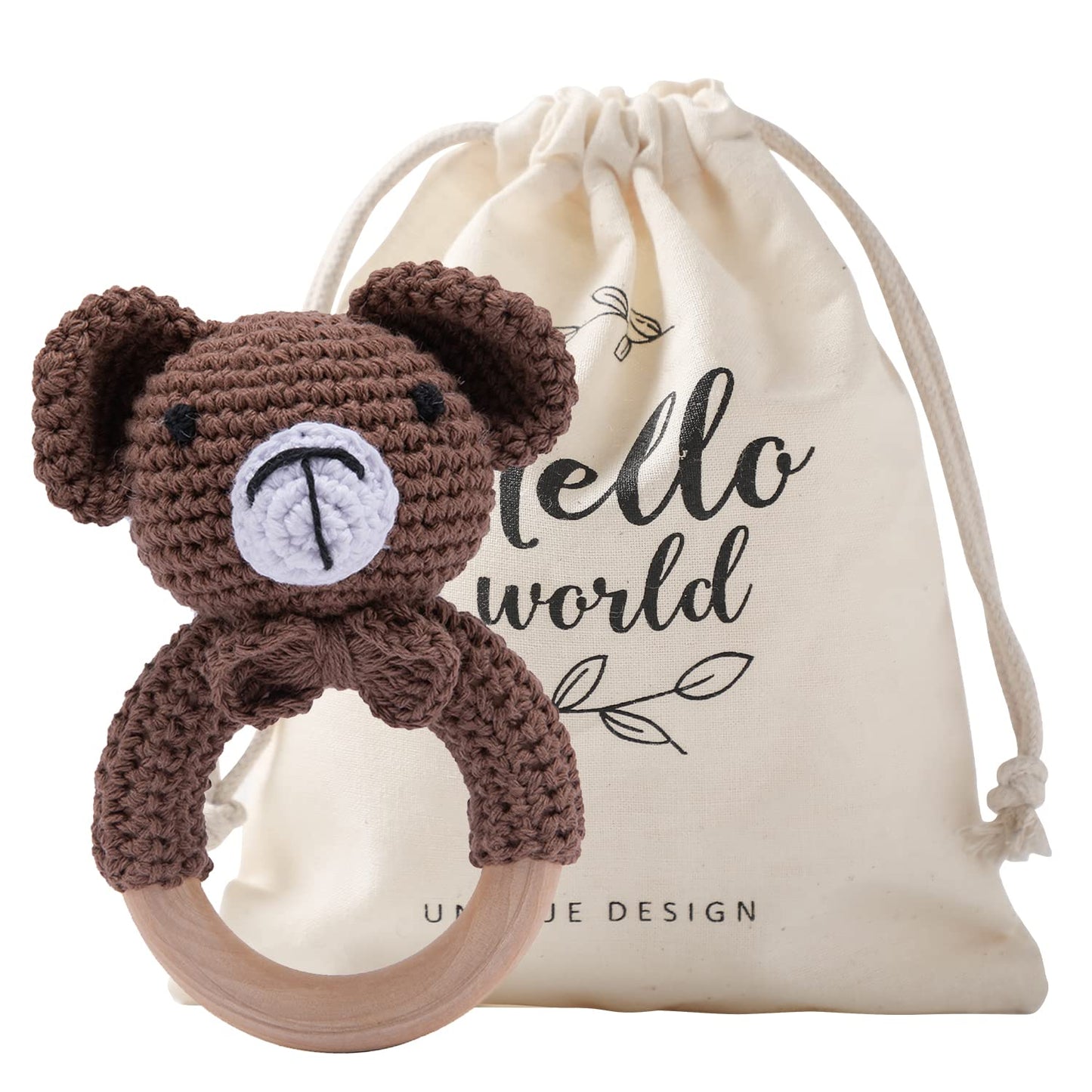Wooden Teether Crochet Baby Rattle, Crochet Baby Toys, Organic Wooden Newborn Toys, Newborn Animal Rattle Toys,Knitted Stuffed Animals Gifts For Baby, Brown Bear