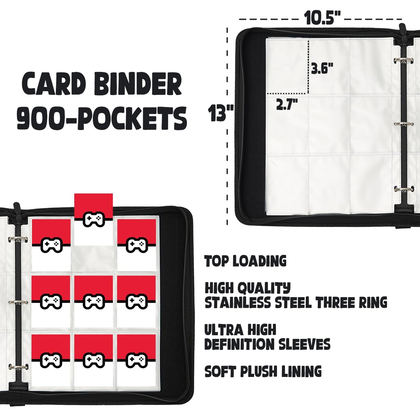 Trading Card Binder 9 Pocket Pages Top Loading 900 Card Storage 3 Ring Design With Zipper Boy's Gift (Red  900 cards)