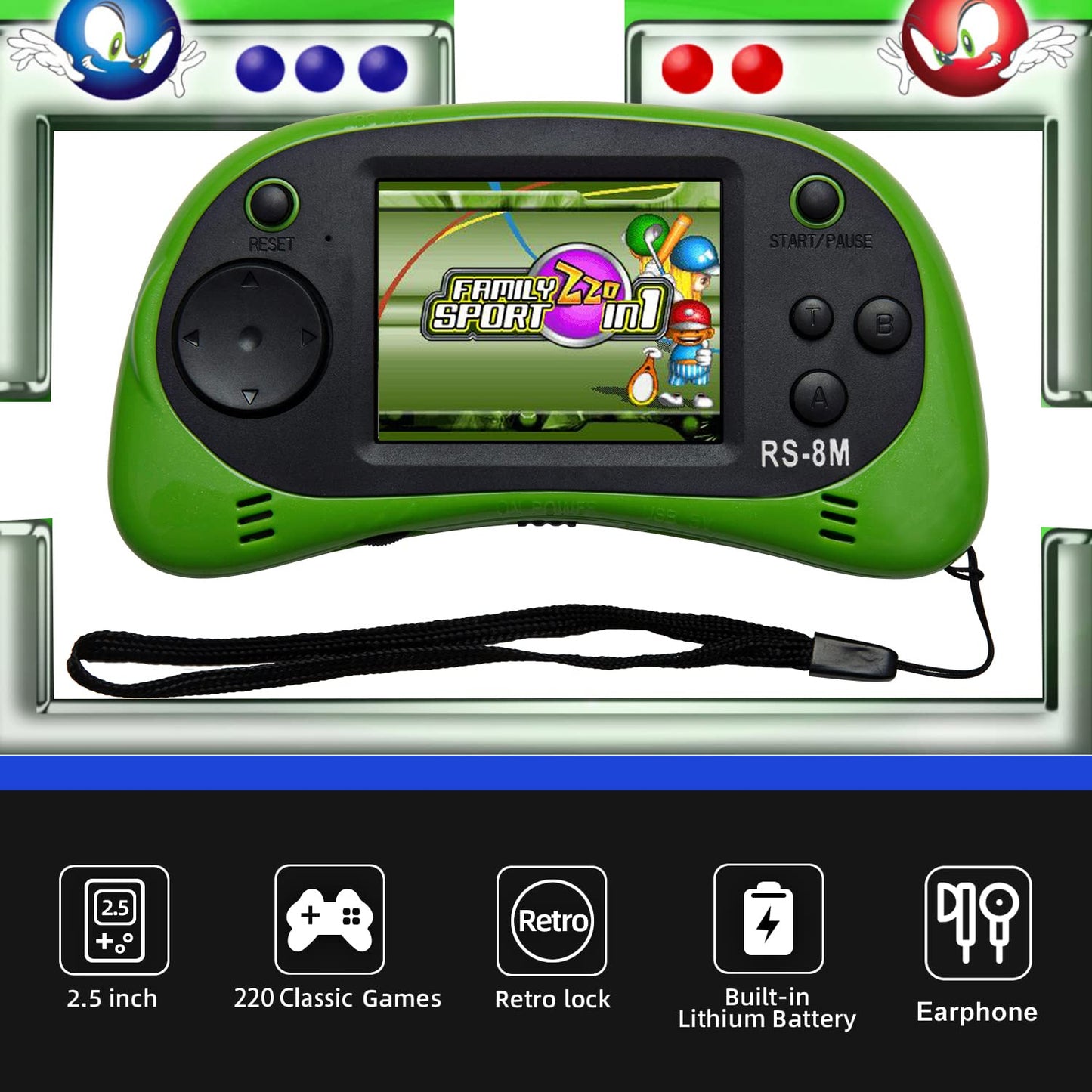E-MODS GAMING 16 Bit Retro Handheld Game Console - 220 HD Games, 2.5" LCD, Portable, Lime Green, Ideal for Kids Ages 4-12