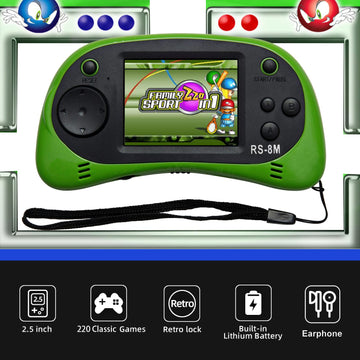 E-MODS GAMING 16 Bit Retro Handheld Game Console - 220 HD Games, 2.5" LCD, Portable, Lime Green, Ideal for Kids Ages 4-12