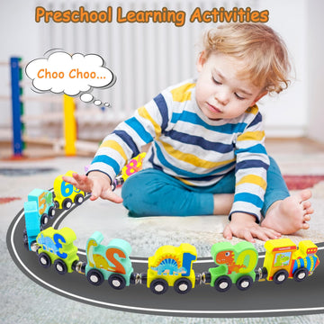Humerry Dinosaur Toys For Kids 2-4, Wooden Magnetic Train Set, 11 Pcs Number Trains Learning Activities For Kids, Birthday Gifts Infant Development Toys For Boys Girls
