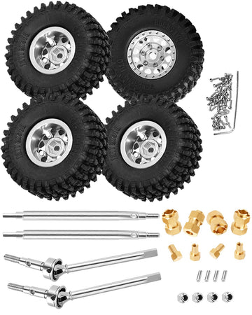 Rcarmumb RC Beadlock Wheel Tire Set with 10mm Hex Hub & Driveshafts CVD Upgrades Parts for 1/18 TRX4M,#45 Steel Front & Rear Dri