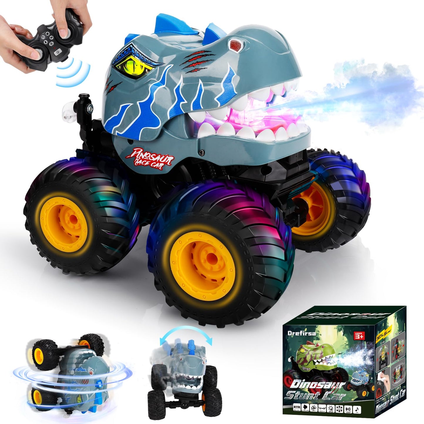 Drefirsa Remote Control Car for Boys 4-7 8-12, Dinosaur Monster Truck Toys with 50min+ Runtime, Spray, LED Light, 360 Rotating &