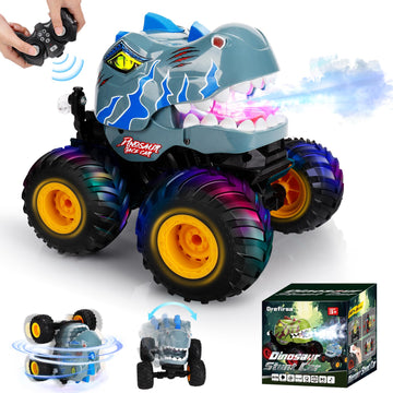 Drefirsa Remote Control Car for Boys 4-7 8-12, Dinosaur Monster Truck Toys with 50min+ Runtime, Spray, LED Light, 360 Rotating &