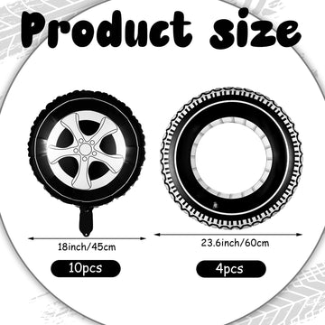 14 Pcs Car Decorations Racing Cars Birthday Party Supplies 4 Tire Tube Swim Ring Inflatable Tire Floats For Pool With 10 Balloons 18 Inch Race Balloons For Birthday Party (Wheel Style)