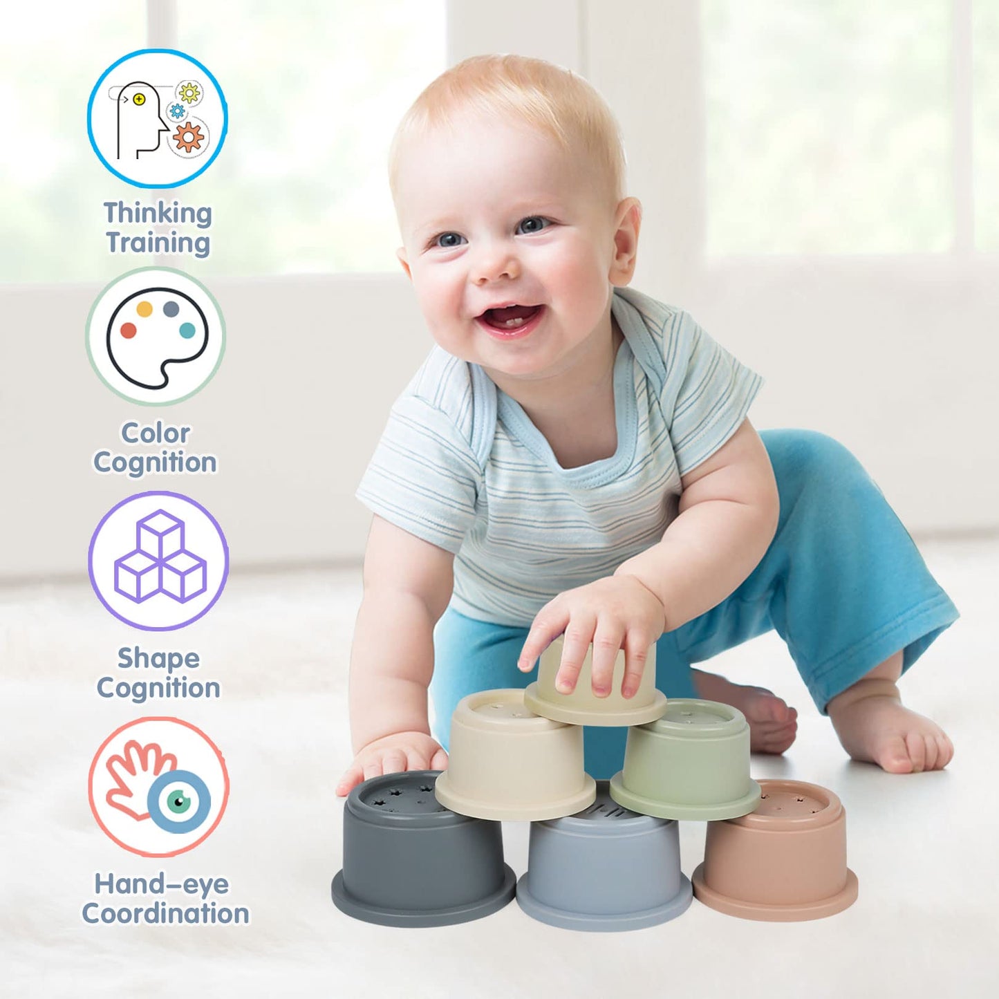 Skywhale Stacking Cups Baby Toy 6-12 Months, Toddler Nesting Cups Set For Boys And Girls, 8Pcs Stackable Bath Toy, Montessori Ed