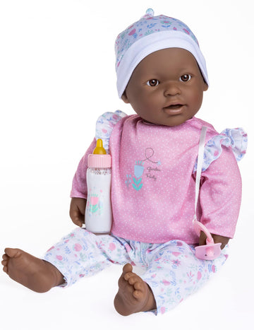 Jc Toys La Baby African American 20-Inch Small Soft Body Baby Doll La Baby | Washable |Removable Pink Floral W/Hat, Pacifier & Magic Bottle | For Children 12 Months +