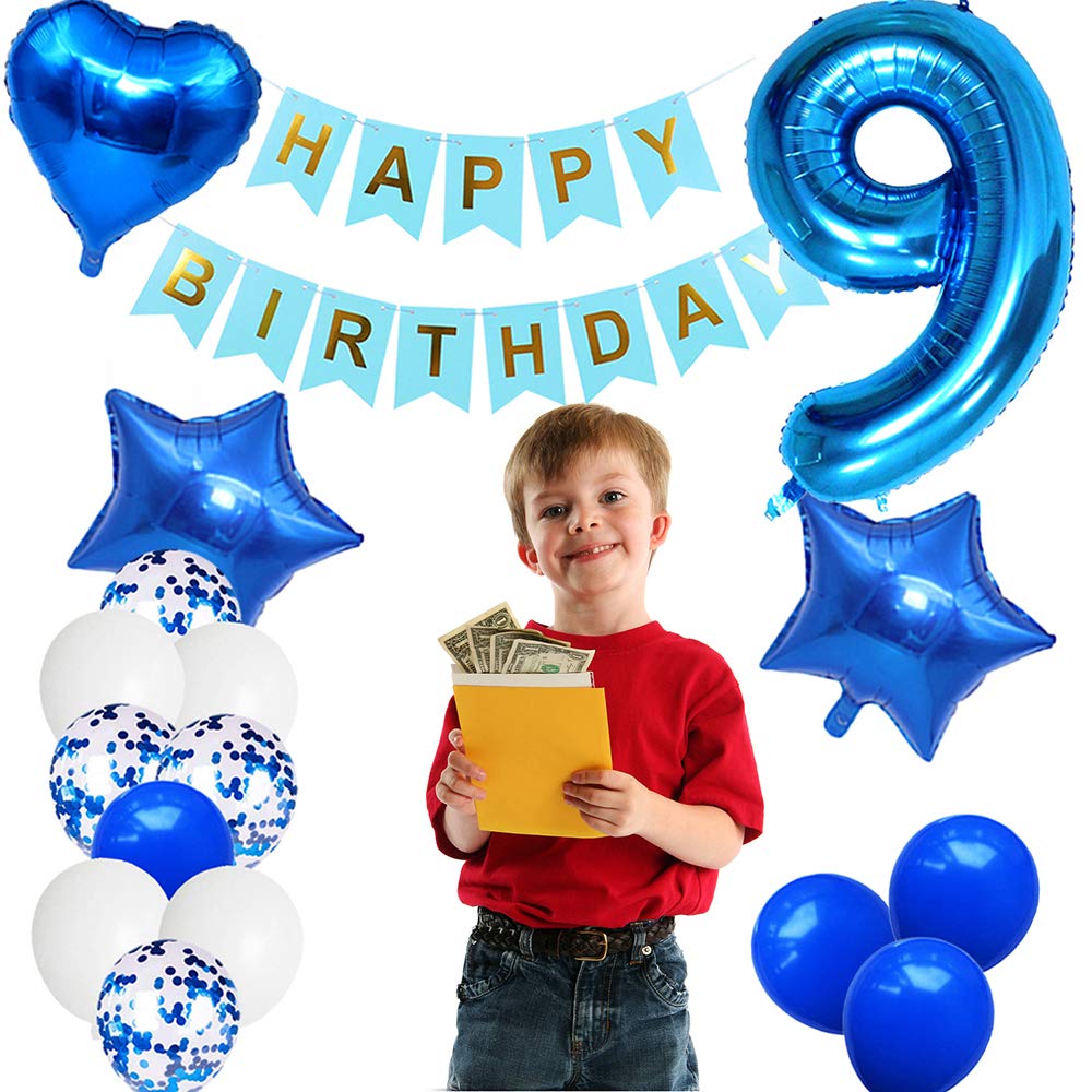 Huture 9 Birthday Party Supplies Blue Number 9 Foil Balloon Happy Birthday Banner Kit 9Th Birthday Decoration White Blue Latex C