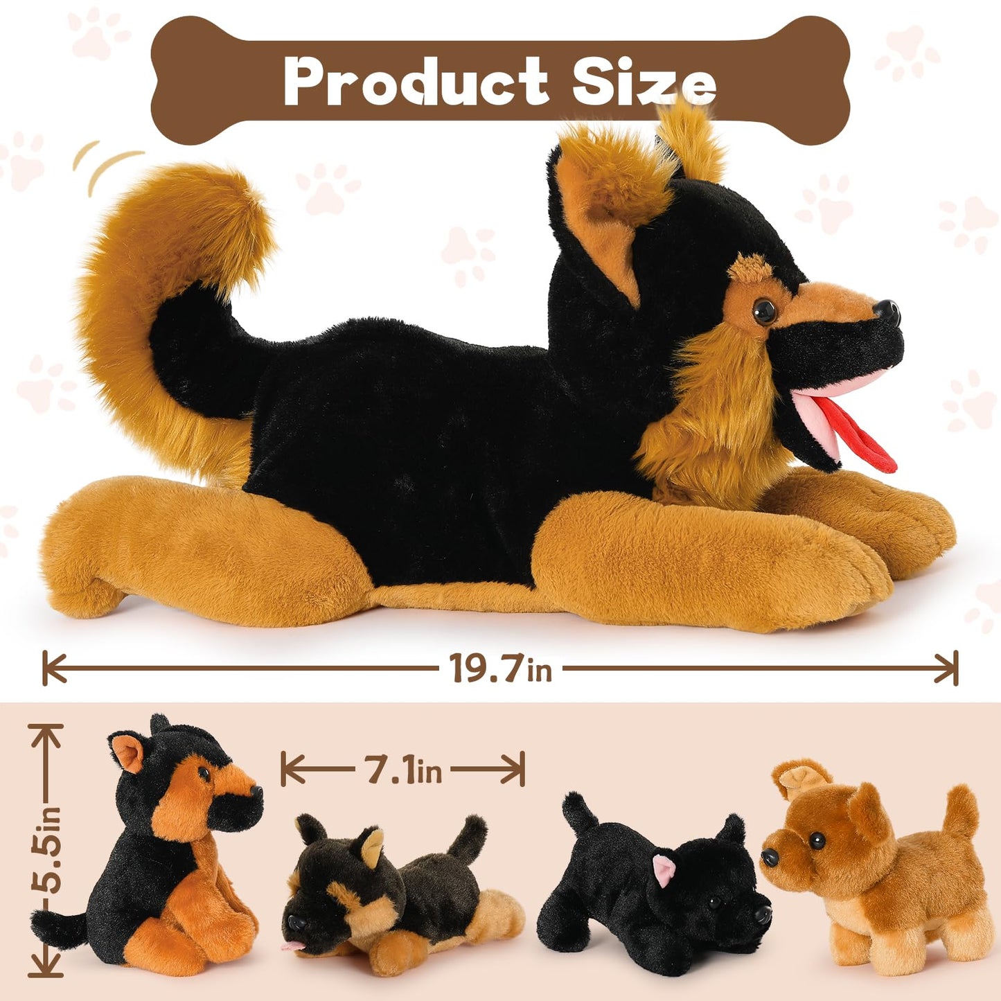 Beniny 5Pcs German Shepherd Stuffed Animals Dog Set - Mommy Black Large German Shepherd Plush 20 Inch With 4 Puppies -Stuffed Ge