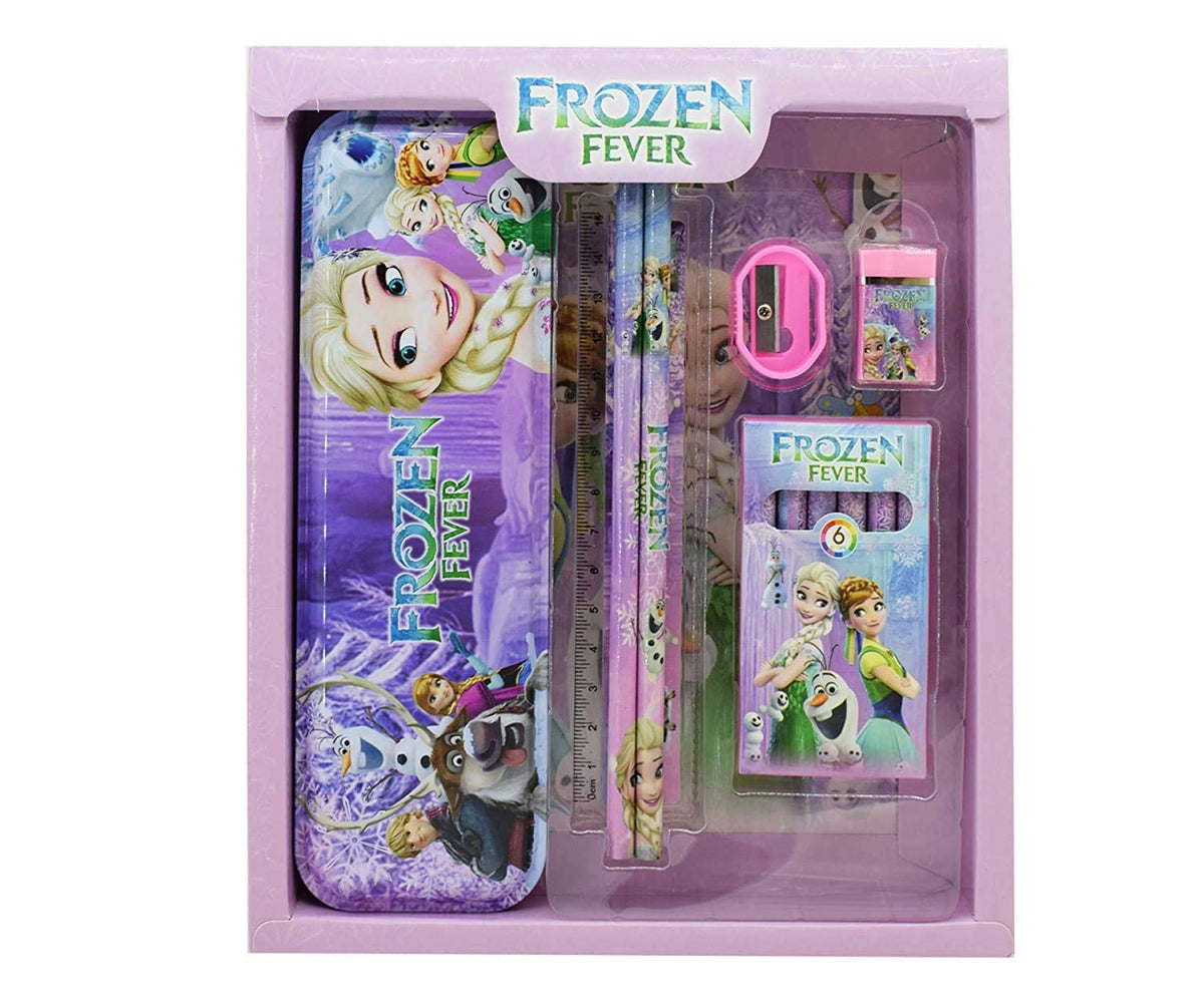 SPOCCO | Kids Cartoon Print Stationary Set for Girls Boys  with Pencil Case, Two Pencils Eraser, Scale, Sharpener and Crayon (F