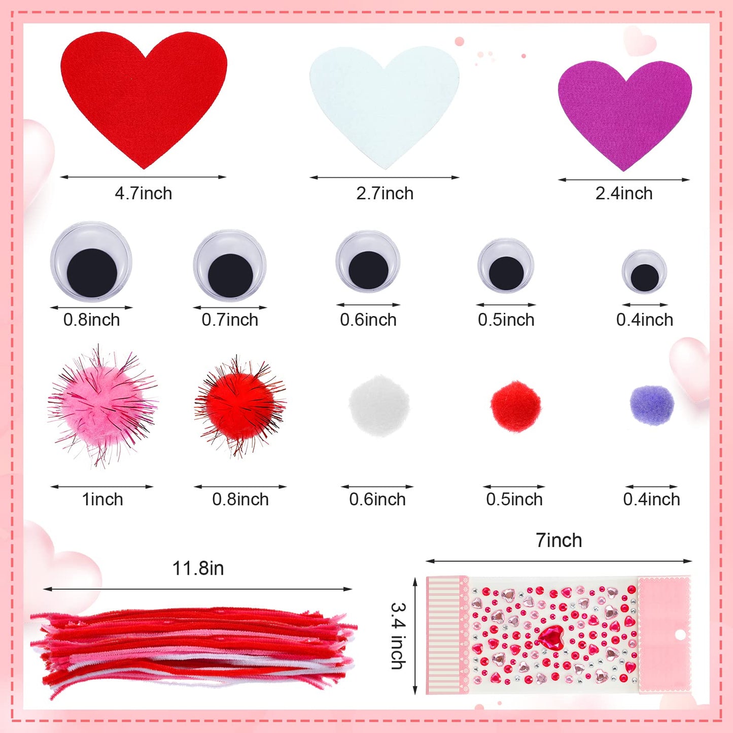 436 Pieces Valentines Day Felt Heart Craft Kit Assorted DIY Heart Ornaments Decorations with Pom-poms Cleaners Googly Eyes Gem
