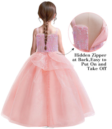 Btonai Kids Pink Witch Costume for Girls Pink Bubble Tulle Dress Princess Sequins Mesh Outfits with Crown and Wand