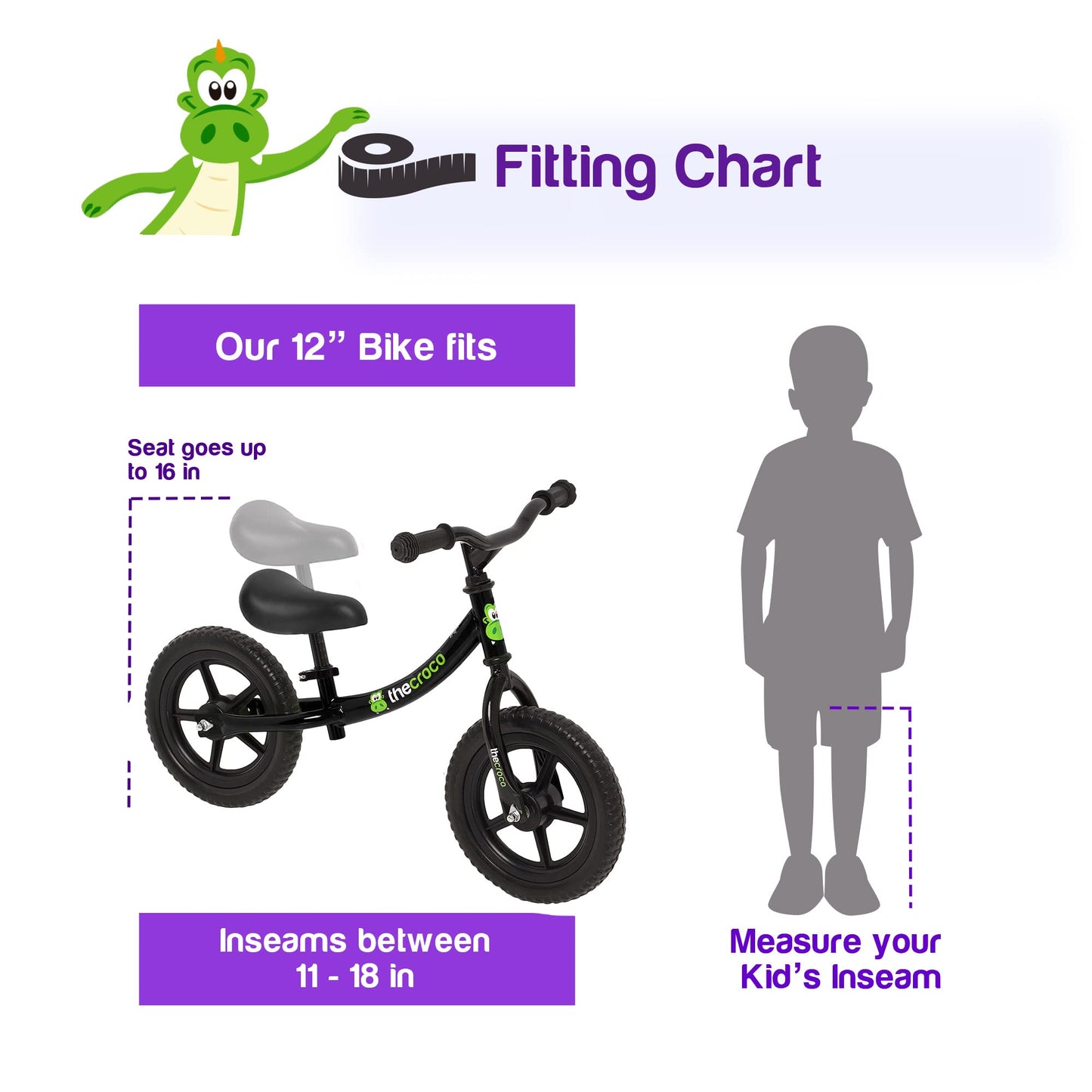 The Original Croco Ultra Lightweight And Sturdy Balance Bike.3 Models For 2, 3, 4, And 5-Year-Old Kids. Unbeatable Features. Toddler Training Bike, No Pedal (Very Black, Sturdy 12 Inch)