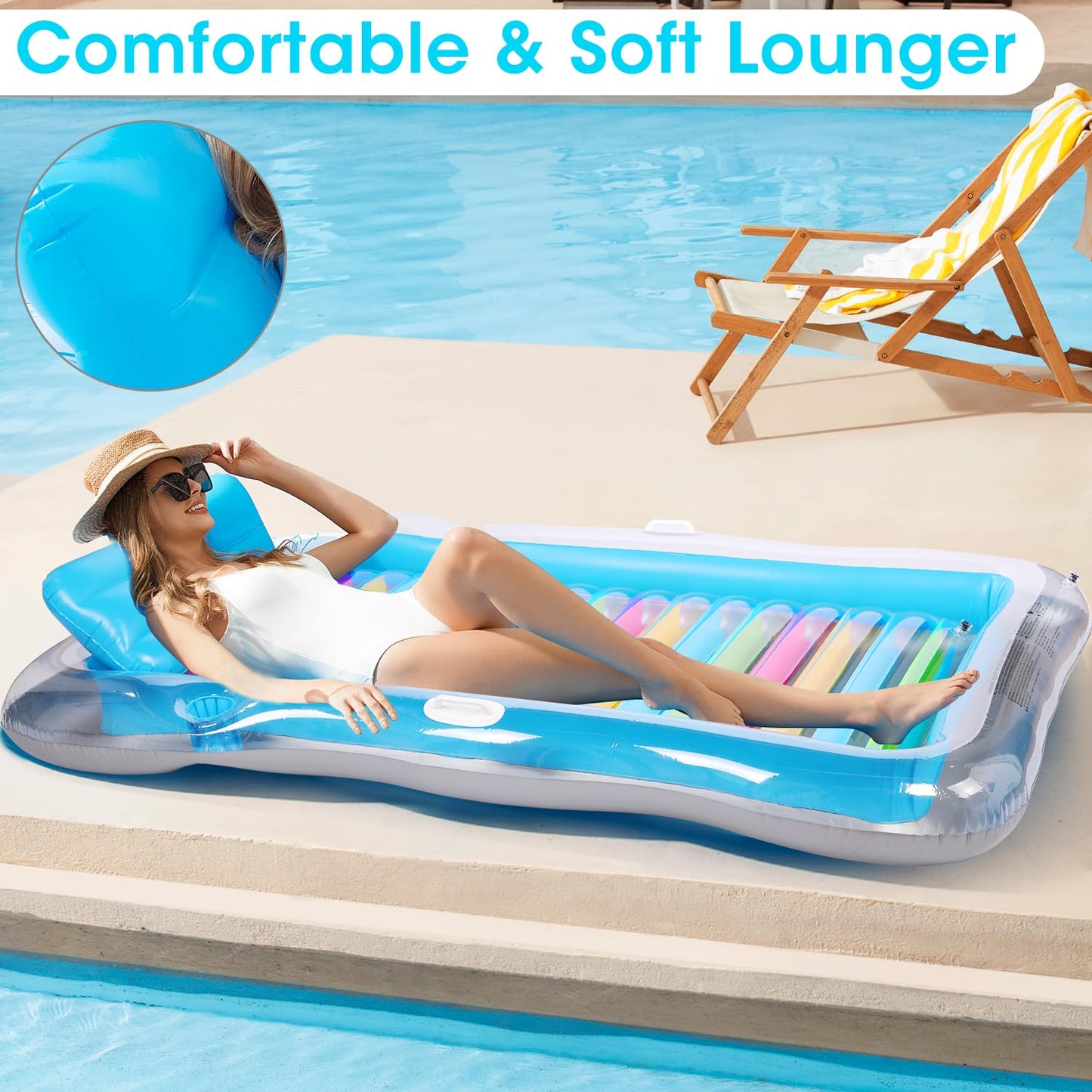 Inflatable Tanning Pool Lounger Float Adults, Baiai Large Pool Floaties Rafts For Adults With Headrest Drink Holder Sun Tanning