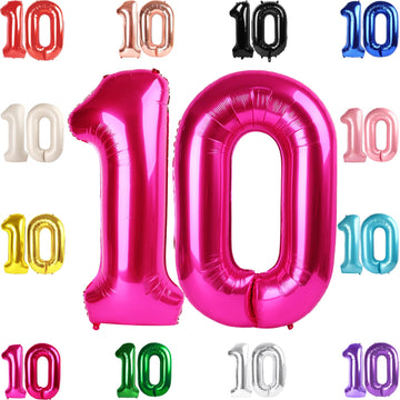 10 Balloon Number, Hot Pink Number 10Th Birthday Balloons 40 Inch, 10 Years Old Hot Pink Birthday Decorations For Boys Girls, 10