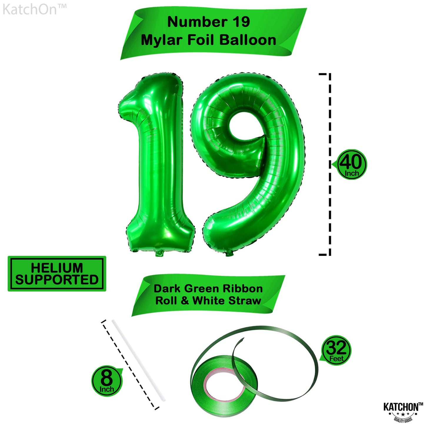Katchon, Dark Green 19 Balloon Number - 40 Inch | Green Number 19 Balloons For 19Th Birthday Decorations For Girls | 19Th Birthday Balloons For 19Th Birthday Decorations For Boys | 19 Number Balloons