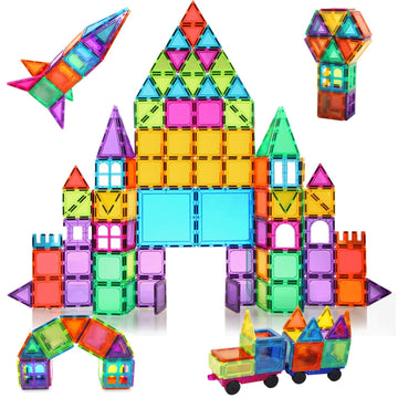 Bmag Magnetic Tiles, 120 Pcs Magnetic Building Blocks, 3D Magnet Tiles For Kids Boys Girls, Stem Construction Building Set, Stacking Toys With 2 Car
