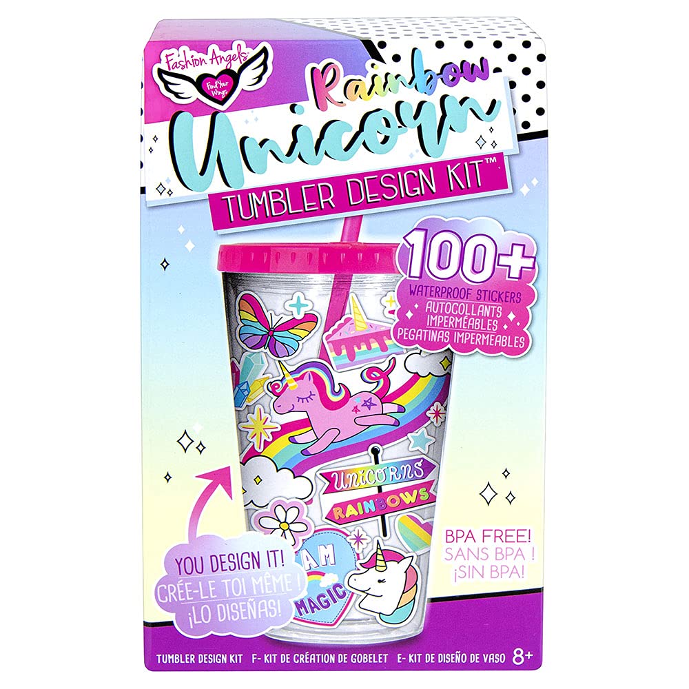 Fashion Angels Rainbow Unicorn Tumbler Design Kit - 100 Waterproof Stickers - BPA Free - Customizable - 16oz - Ages 8+ - Model 12634