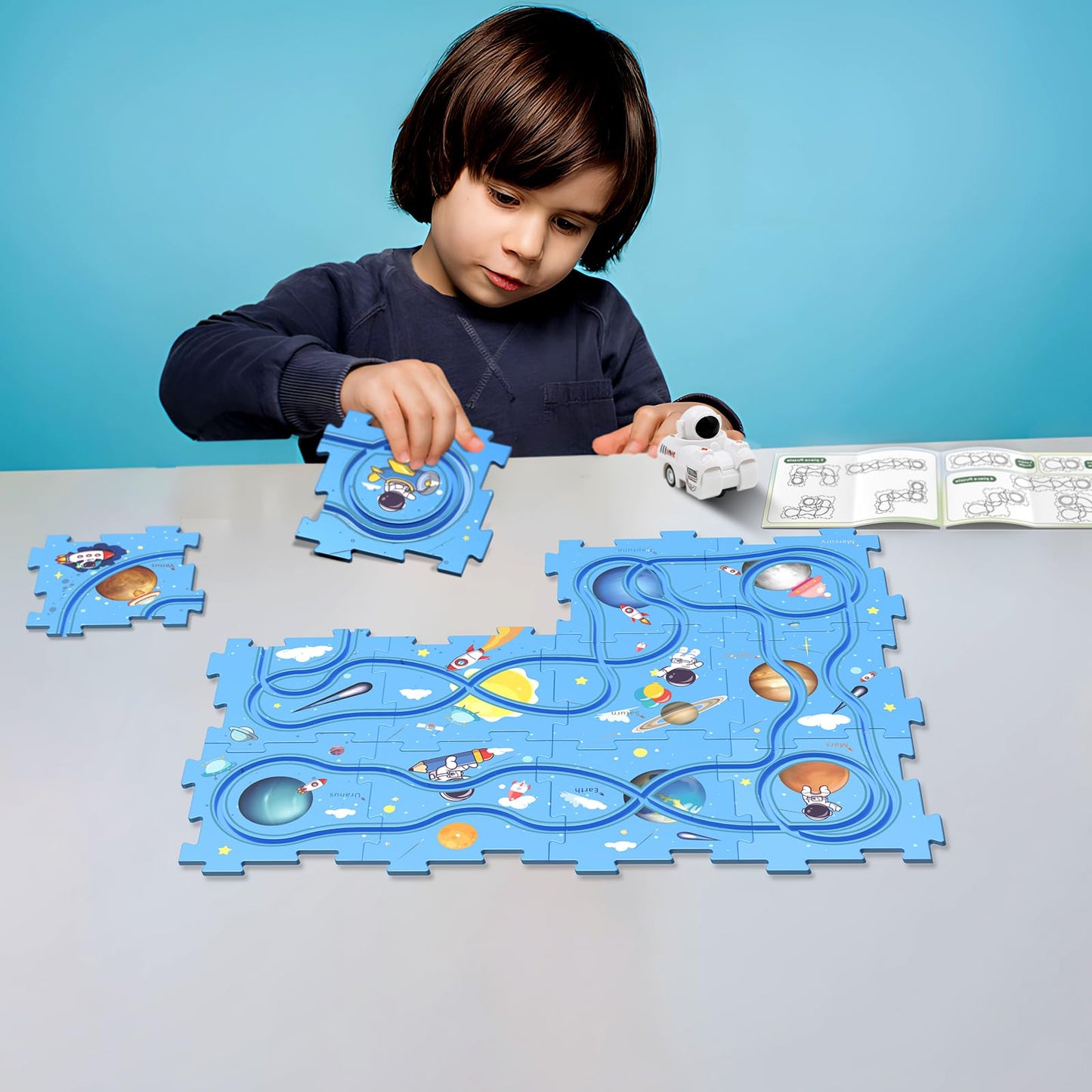 Puzzle Track Educational Play Set-Plastic Jigsaw Board & Battery Operated Toy Vehicles, Montessori Toys For Kids Ages 3-5, 2-4 Y