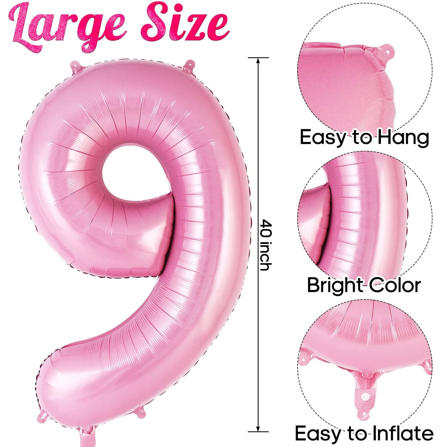 AIQINHU Pink Foil Number 9 Balloon - 40 Inch Jumbo Mylar for Birthday & Anniversary Celebrations