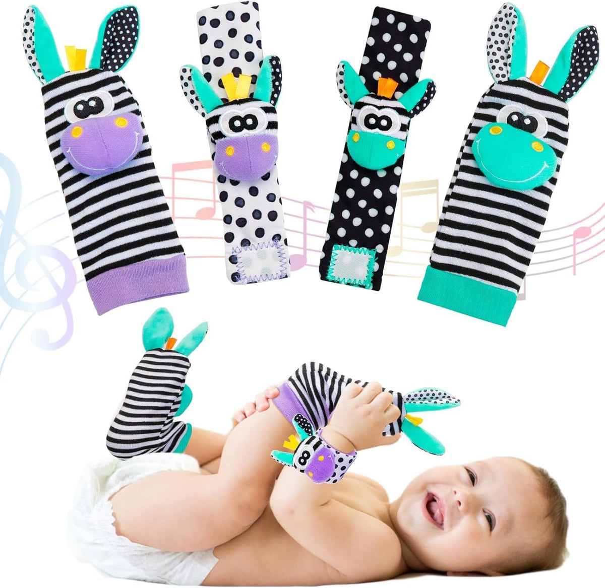Rattle Set For Babies 06 Months, Sensory Toys For Visual Auditory Development, Hand Eye Coordination Training, Soft Baby Socks 