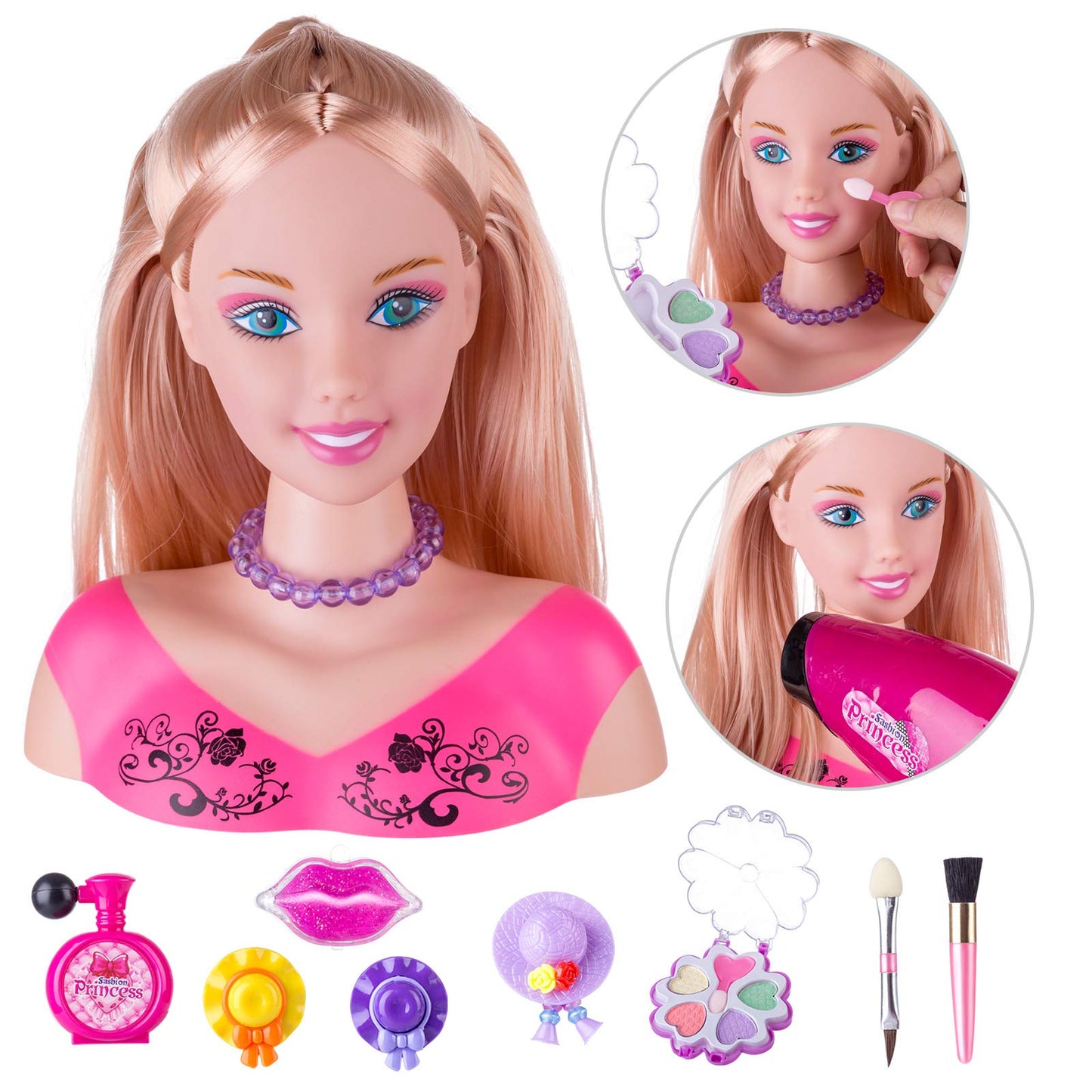 KonHaovF Styling Head Doll - Hair & Makeup Practice Set, 7.8 Inch, Pink, Includes Accessories & Hair Dryer (Style A)
