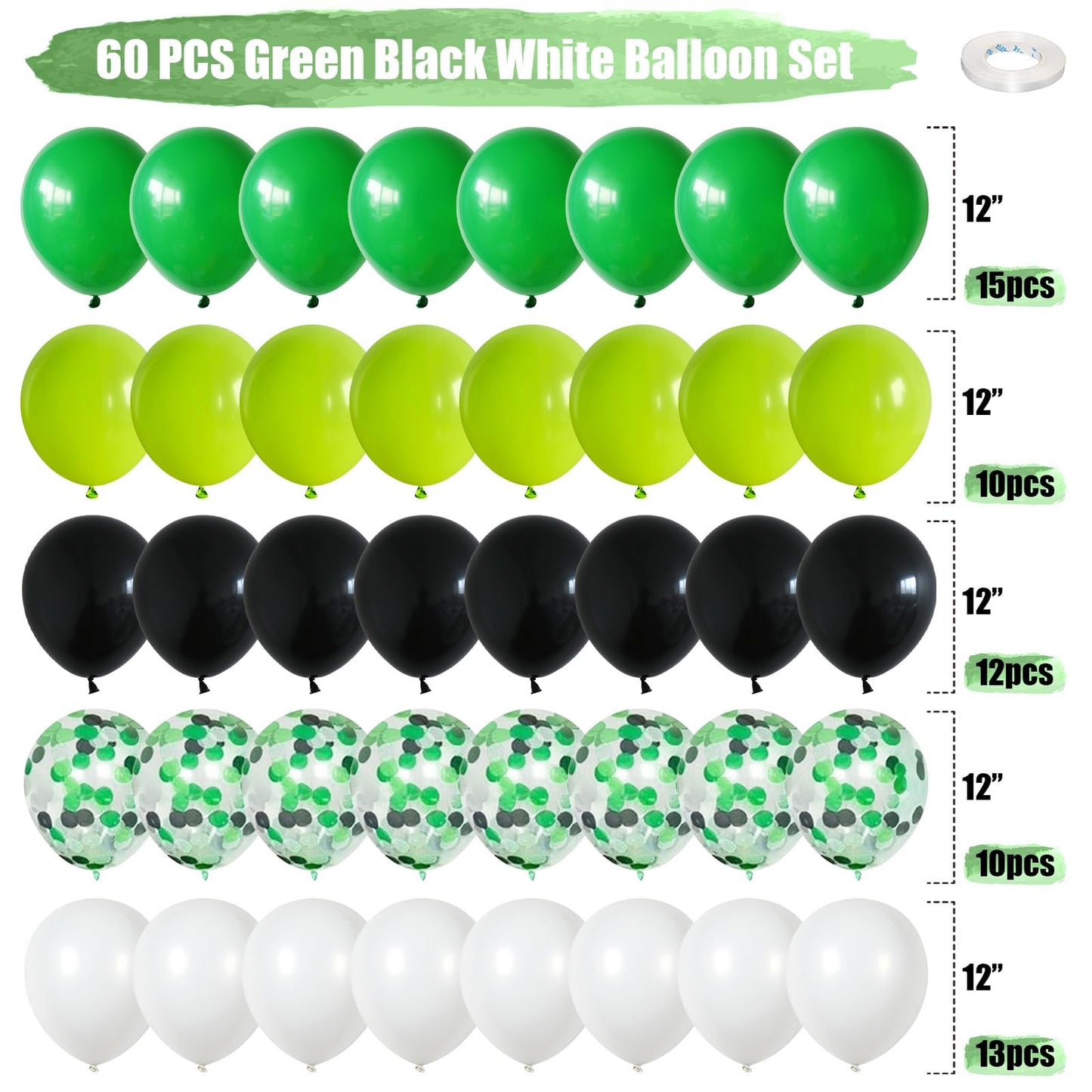 Green Black And White Balloons, 60 Pcs Green And Black Balloons Set With Green Black White Confetti Balloons, Lime Green Balloon