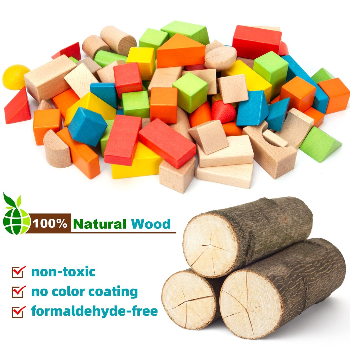 Timfuis Wooden Building Blocks Set - 80 Pcs Educational Toys for Toddlers, Standard Size, Includes Carrying Bag, Model TY04