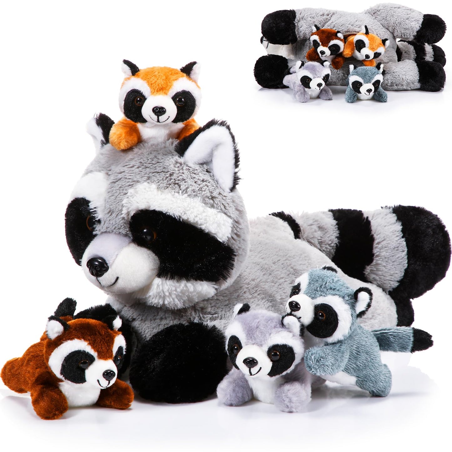 Harrycle 5 Pcs Raccoon Stuffed Animal Set Adorable Mommy Raccoon Plush With 4 Cute Baby Coons In Tummy Soft Cuddly Raccoon Plush